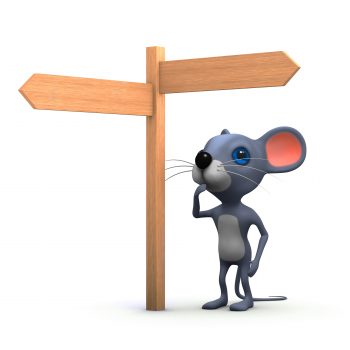3d mouse looking at signpost